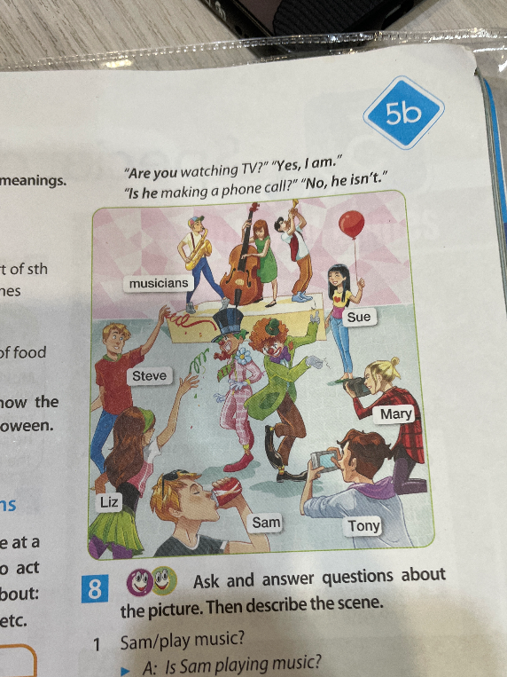 Ask and answer questions about the picture. Then describe the scene. 1 Sam/play music?