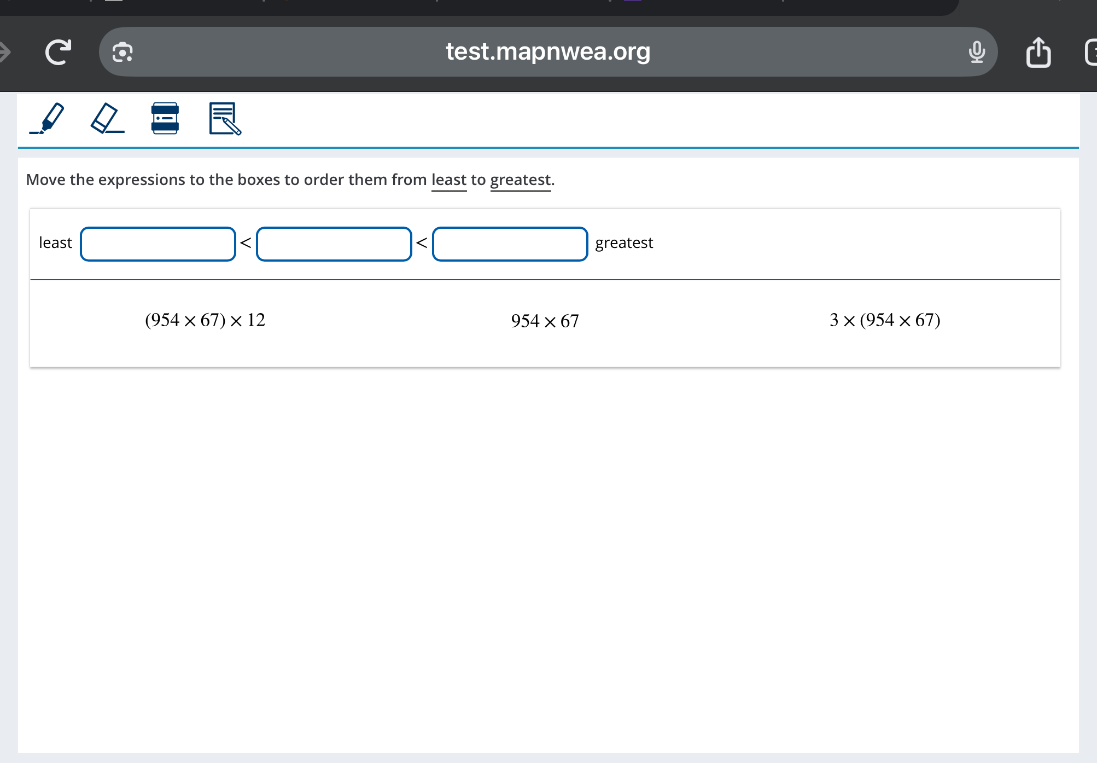 Move the expressions to the boxes to order them from least to greatest: (954 x 67) x 12, 954 x 67, 3 x (954 x 67)