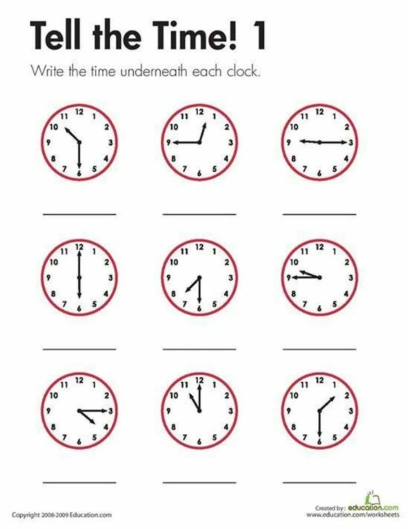 Write the time underneath each clock.