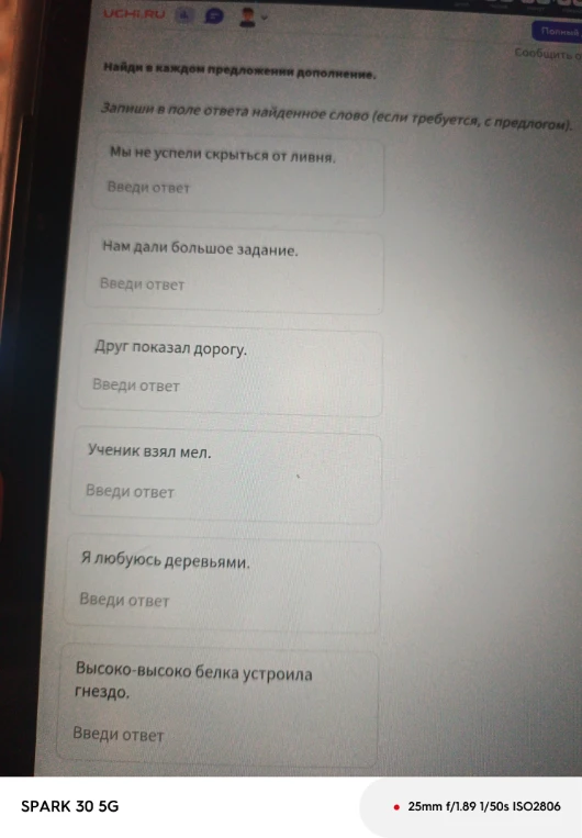 Найди в каждом предложении дополнение. Запиши в поле ответа найденное слово (если требуется, с предлогом).