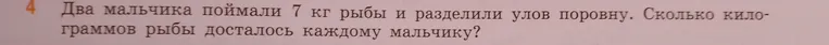 Два мальчика поймали 7 кг рыбы и разделили улов поровну. Сколько килограммов рыбы досталось каждому мальчику?