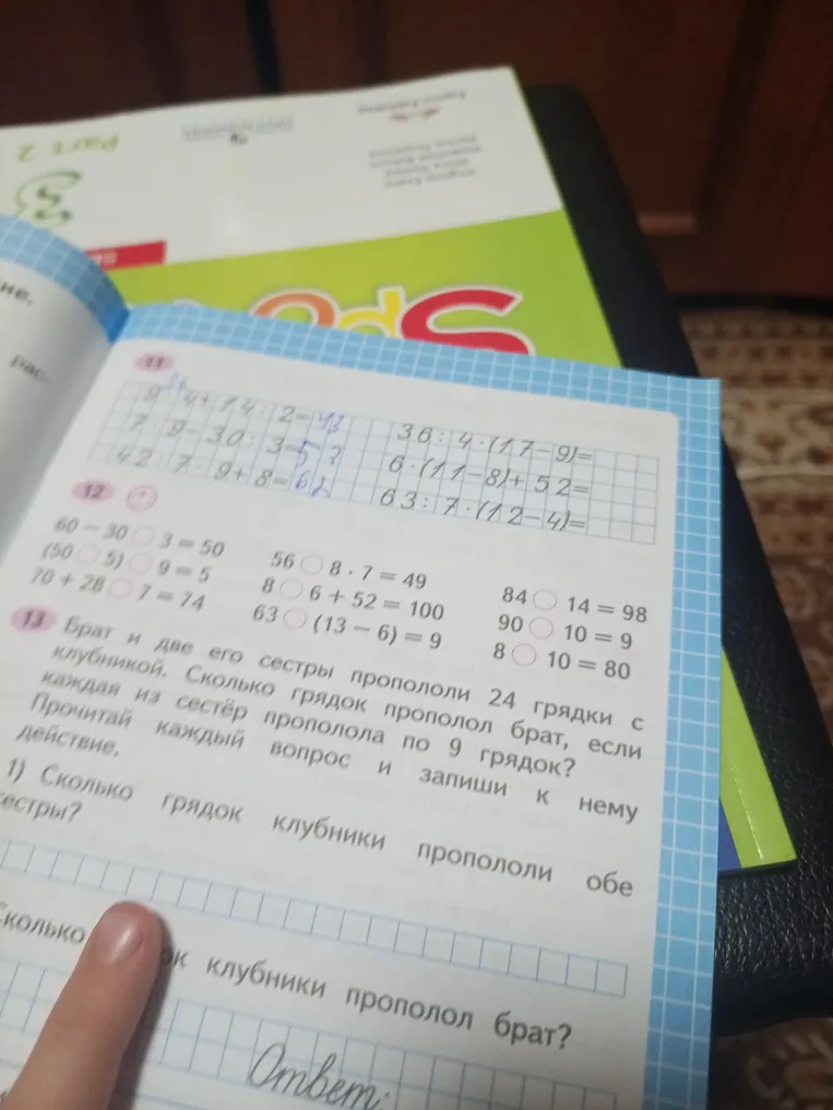 Брат и две его сестры пропололи 24 грядки с клубникой. Сколько грядок прополол брат, если каждая из сестёр прополола по 9 грядок?