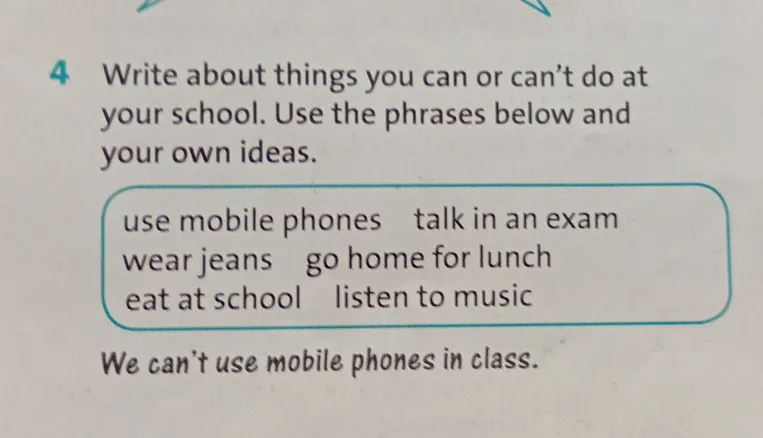 Write about things you can or can't do at your school. Use the phrases below and your own ideas.