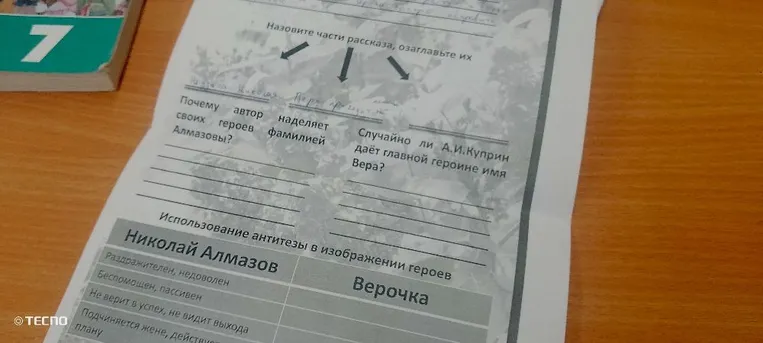 Назовите части рассказа, озаглавьте их. Почему автор наделяет своих героев фамилией Алмазовы? Случайно ли А.И. Куприн даёт главной героине имя Вера? Заполните таблицу «Использование антитезы в изображении героев».
