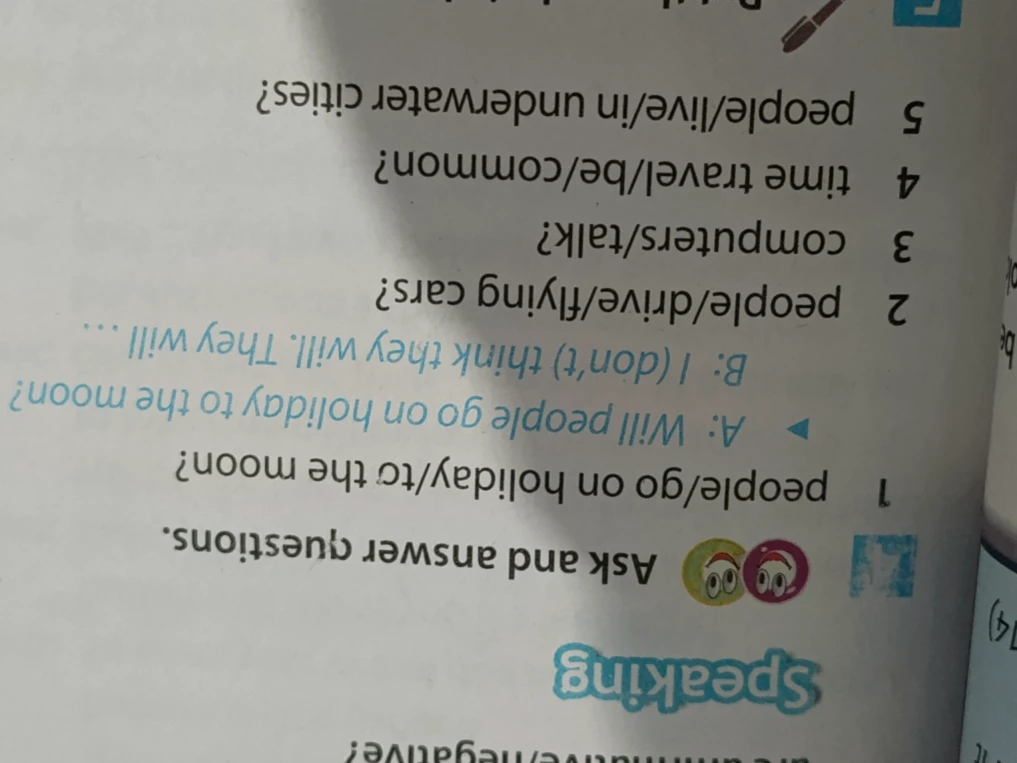 Ask and answer questions: 1 people/go on holiday/to the moon?, 2 people/drive/flying cars?, 3 computers/talk?, 4 time travel/be/common?, 5 people/live/in underwater cities?