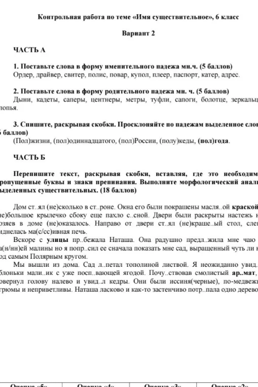 Контрольная работа по теме «Имя существительное», 6 класс. Вариант 2.