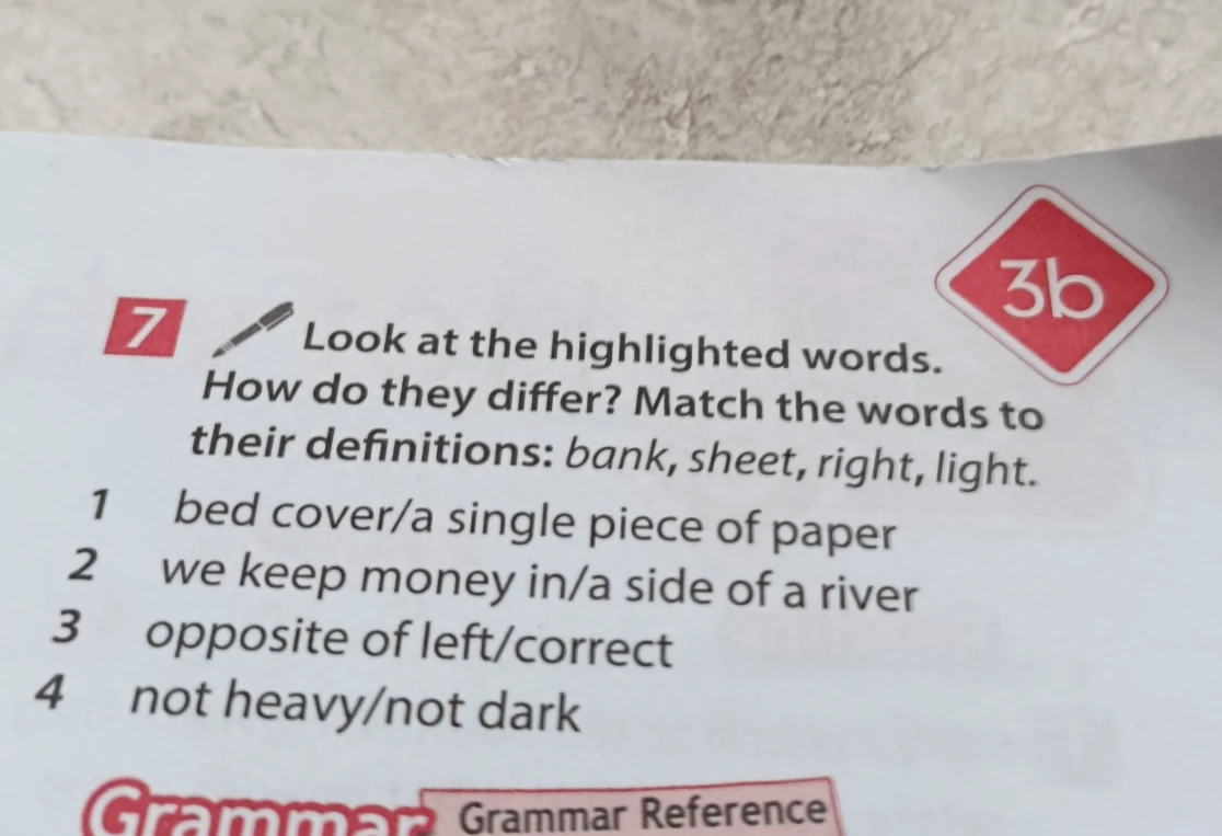 Look at the highlighted words. How do they differ? Match the words to their definitions: bank, sheet, right, light.