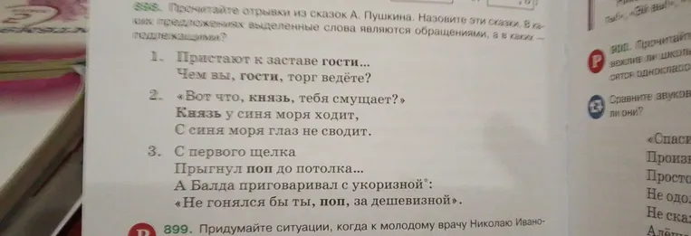 Прочитайте отрывки из сказок А. Пушкина. Назовите эти сказки. В каких предложениях выделенные слова являются обращениями, а в каких — подлежащими?