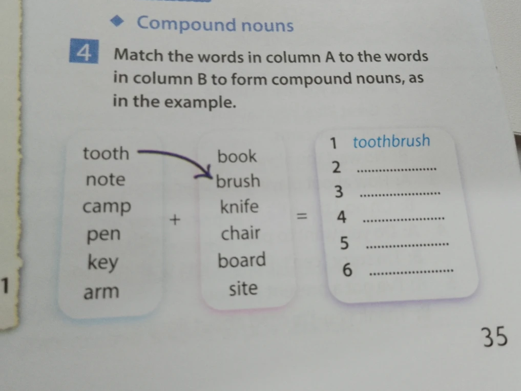Match the words in column A to the words in column B to form compound nouns, as in the example.