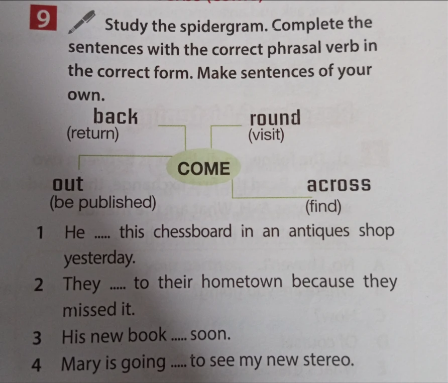 Study the spidergram. Complete the sentences with the correct phrasal verb in the correct form. Make sentences of your own.