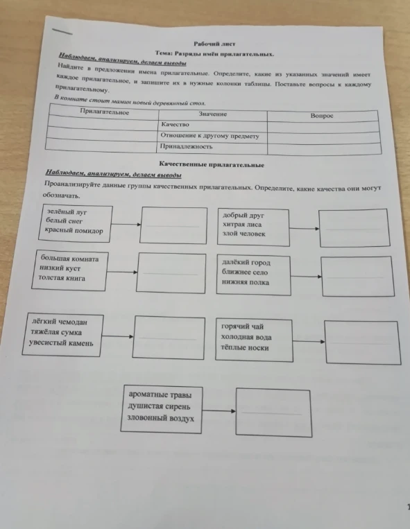 Найдите в предложении имена прилагательные. Определите, какие из указанных значений имеет каждое прилагательное, и запишите их в нужные колонки таблицы.