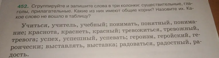 Сгруппируйте и запишите слова в три колонки: существительные, глаголы, прилагательные.