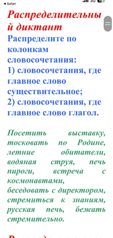 Распределите по колонкам словосочетания: 1) словосочетания, где главное слово существительное; 2) словосочетания, где главное слово глагол.