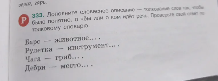 333. Дополните словесное описание — толкование слов так, чтобы было понятно, о чём или о ком идёт речь.