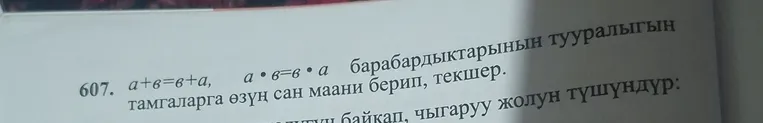 607. a+в=в+а, а*в=в*а барабардыктарынын тууралыгын тамгаларга өзүң сан маани берип, текшер.