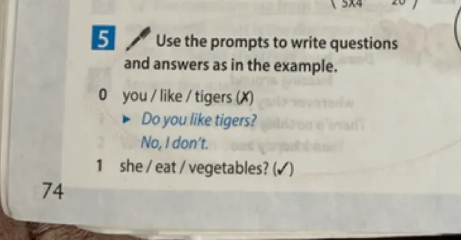 Use the prompts to write questions and answers as in the example. Use the sentences to complete the dialogue.