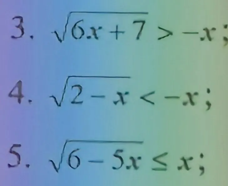 Решите иррациональные неравенства: 3. sqrt(6x+7) > -x; 4. sqrt(2-x) < -x; 5. sqrt(6-5x) <= x