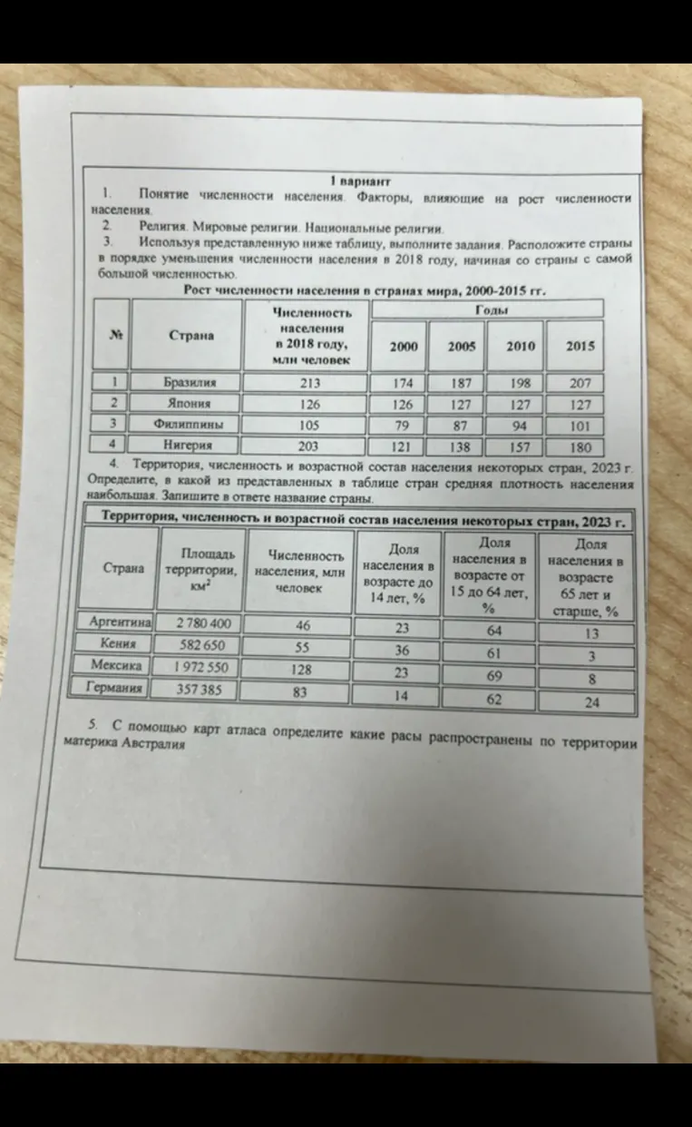 Используя представленную ниже таблицу, выполните задания. Расположите страны в порядке уменьшения численности населения в 2018 году, начиная со страны с самой большой численностью.
