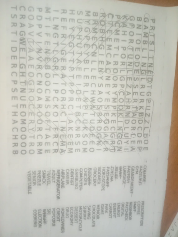 Найдите слова в филворде: PUZZLE, GAMBLING, FORTUNE, DESSERT, COOKING, CINEMA, REFRIGERATOR, GROCERY, WEIGHT