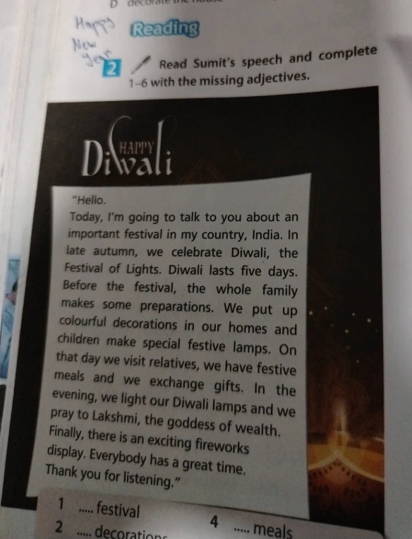 Read Sumit's speech and complete 1–6 with the missing adjectives.