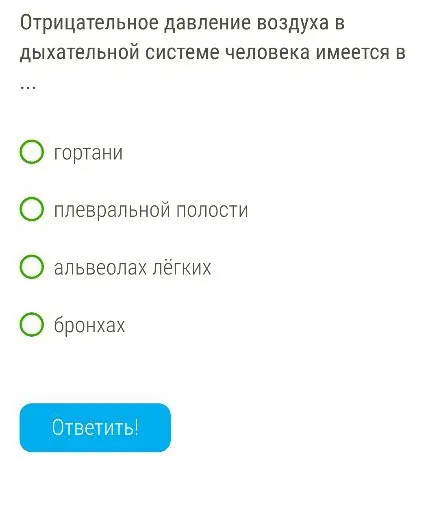 Отрицательное давление воздуха в дыхательной системе человека имеется в ...