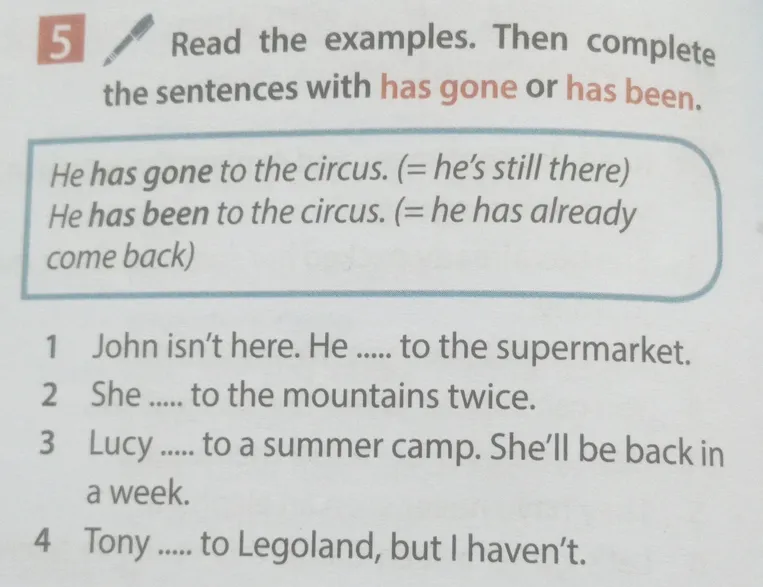 Read the examples. Then complete the sentences with has gone or has been.