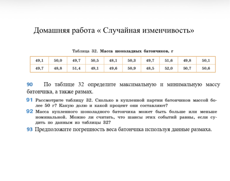 По таблице 32 определите максимальную и минимальную массу батончика, а также размах.