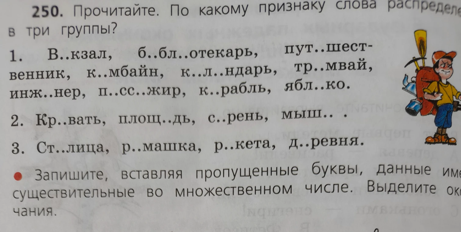 Запишите, вставляя пропущенные буквы, данные имена существительные во множественном числе. Выделите окончания.
