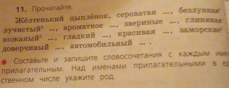 Составьте и запишите словосочетания с каждым именем прилагательным. Над именами прилагательными в единственном числе укажите род.