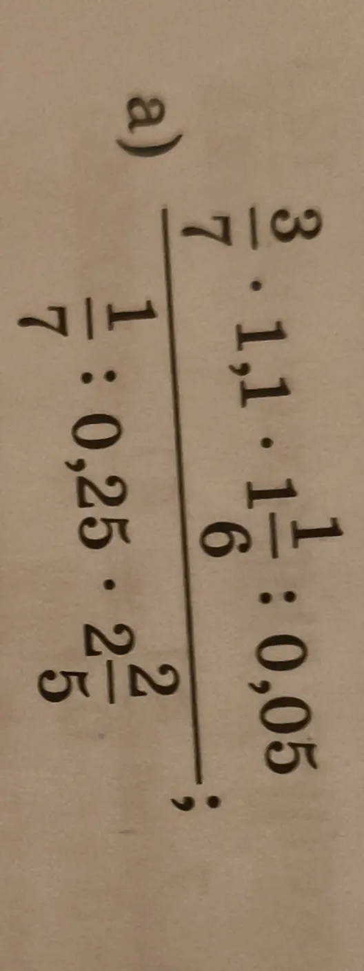 Вычислите значение выражения: (3/7 * 1,1 * 1 1/6 : 0,05) / (1 1/7 : 0,25 * 2 2/5)