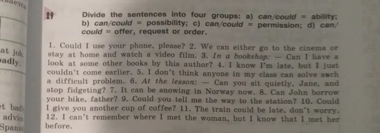 Divide the sentences into four groups: a) can/could = ability; b) can/could = possibility; c) can/could = permission; d) can/could = offer, request or order.
