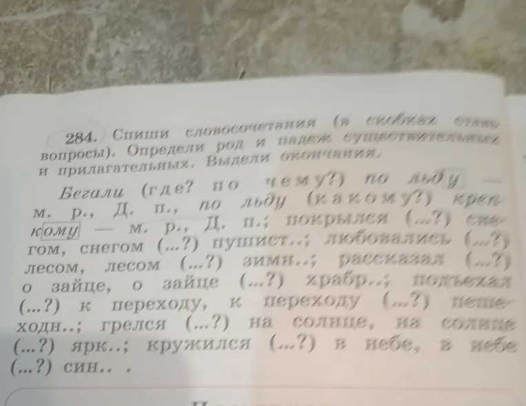 Спиши словосочетания (в скобках ставь вопросы). Определи род и падеж существительных и прилагательных. Выдели окончания.