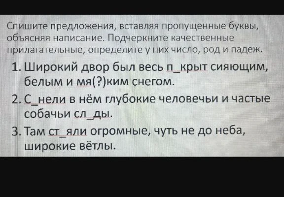 Спишите предложения, вставляя пропущенные буквы, объясняя написание. Подчеркните качественные прилагательные, определите у них число, род и падеж.