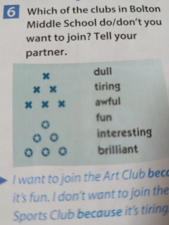 Which of the clubs in Bolton Middle School do/don't you want to join? Tell your partner.