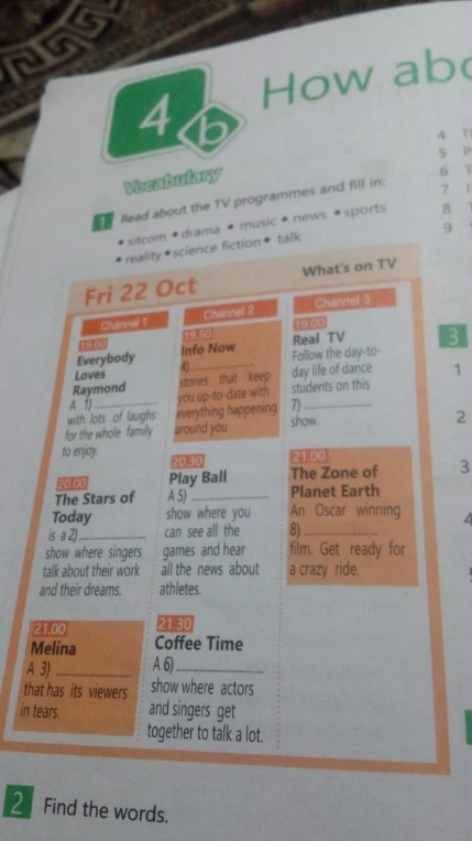 Read about the TV programmes and fill in: sitcom, drama, music, news, sports, reality, science fiction, talk