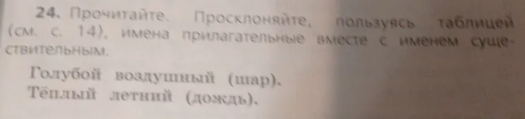 Просклоняйте имена прилагательные вместе с именем существительным: Голубой воздушный (шар), Тёплый летний (дождь).