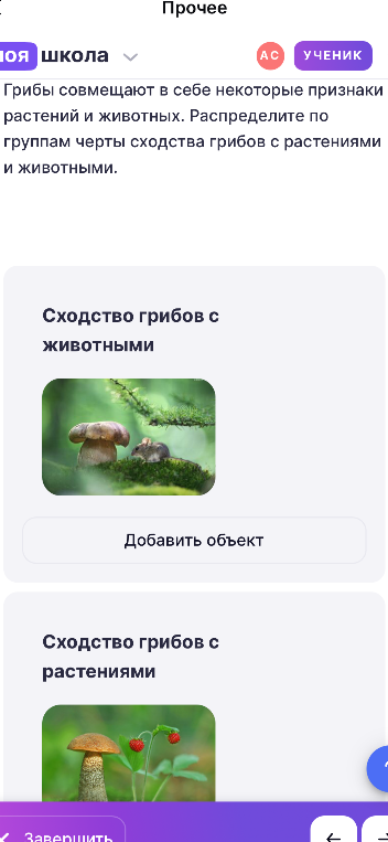 Грибы совмещают в себе некоторые признаки растений и животных. Распределите по группам черты сходства грибов с растениями и животными.
