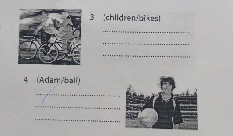 Составьте предложения по картинкам, используя опорные слова: (children/bikes), (Adam/ball).