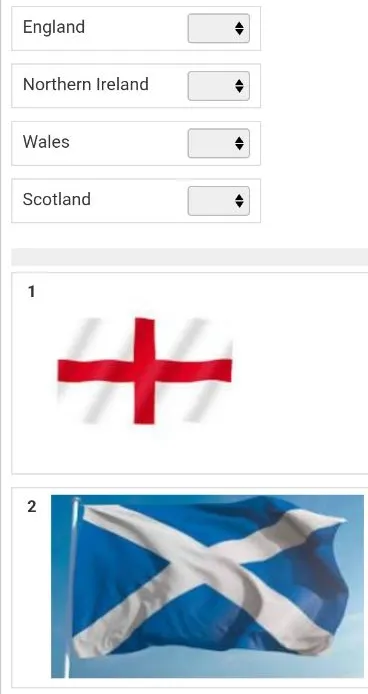 Соотнесите названия стран с их флагами: England, Northern Ireland, Wales, Scotland.