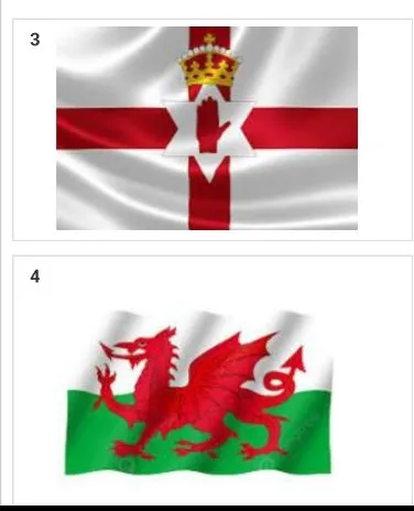 Соотнесите названия стран с их флагами: England, Northern Ireland, Wales, Scotland.