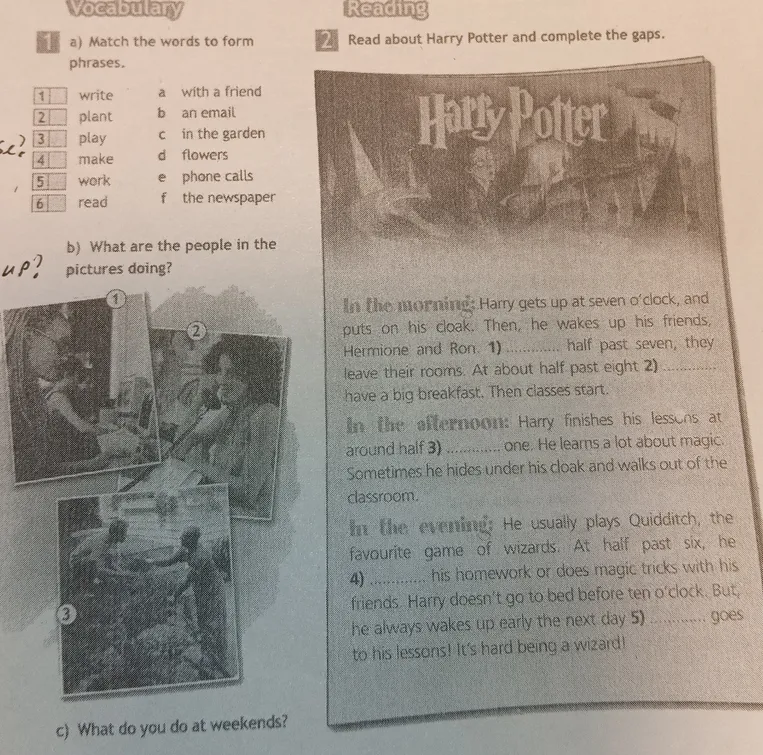 Match the words to form phrases; Read about Harry Potter and complete the gaps.