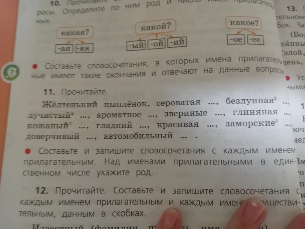 Составьте и запишите словосочетания с каждым именем прилагательным. Над именами прилагательными в единственном числе укажите род.