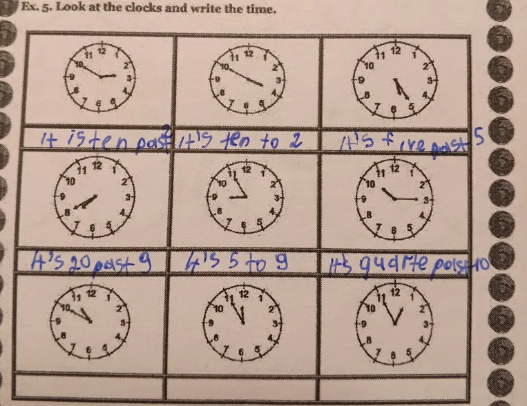 Look at the clocks and write the time.