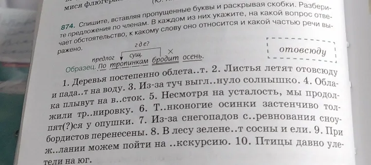 Спишите, вставляя пропущенные буквы и раскрывая скобки. Разберите предложения по членам. В каждом из них укажите, на какой вопрос отвечает обстоятельство, к какому слову оно относится и какой частью речи выражено.
