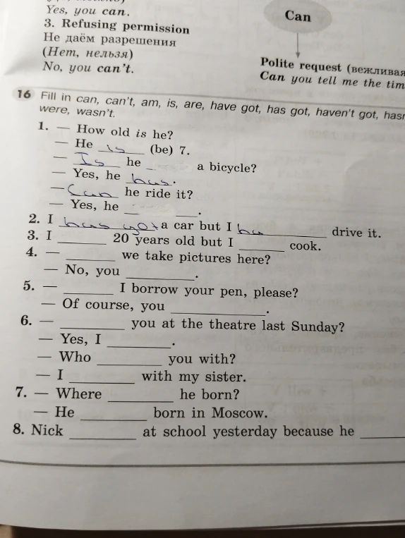 Fill in can, can't, am, is, are, have got, has got, haven't got, hasn't got, was, wasn't, were, weren't