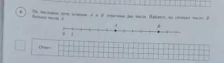 На числовом луче точками A и B отмечены два числа. Найдите, на сколько число B больше числа A.