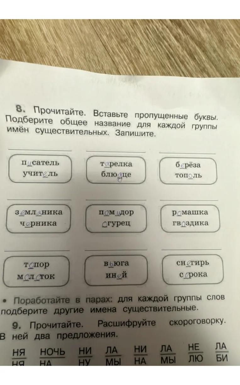 Прочитайте. Вставьте пропущенные буквы. Подберите общее название для каждой группы имён существительных. Запишите.