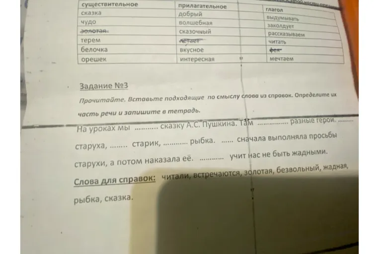 Прочитайте. Вставьте подходящие по смыслу слова из справок. Определите их часть речи и запишите в тетрадь.