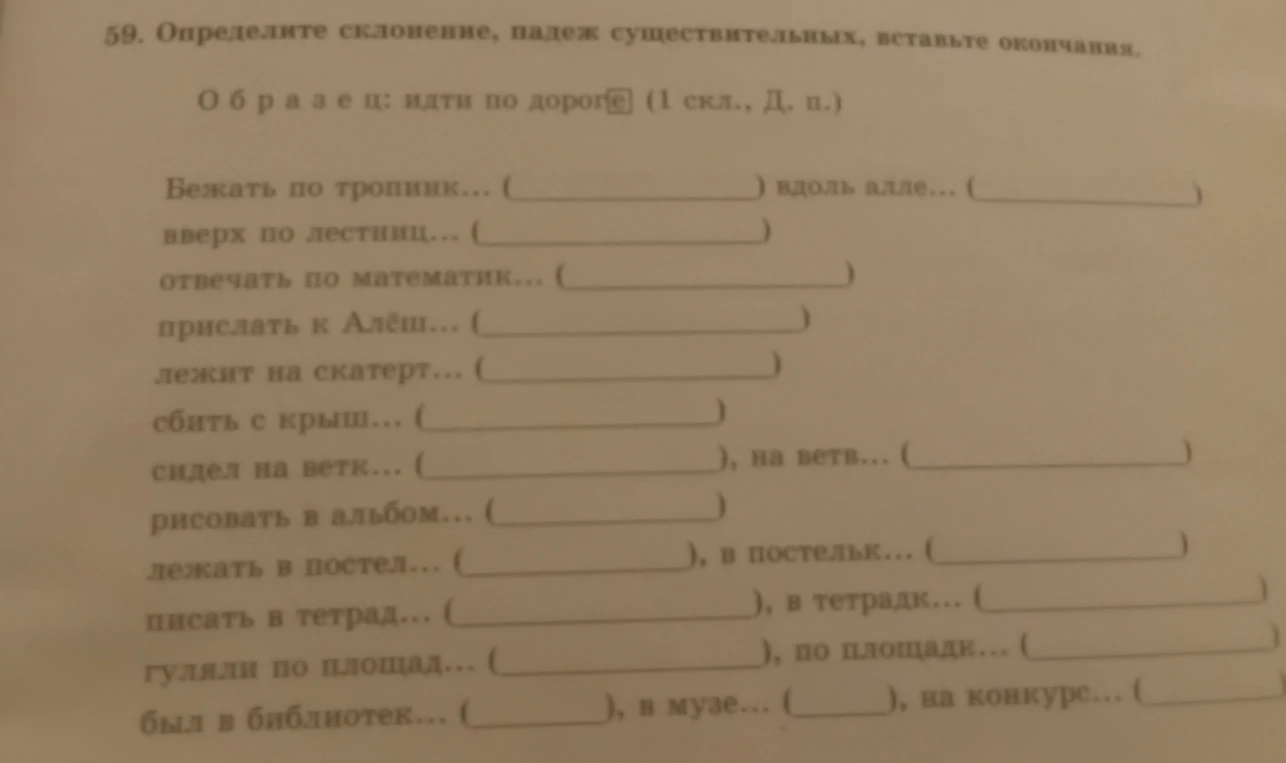 Определите склонение, падеж существительных, вставьте окончания.