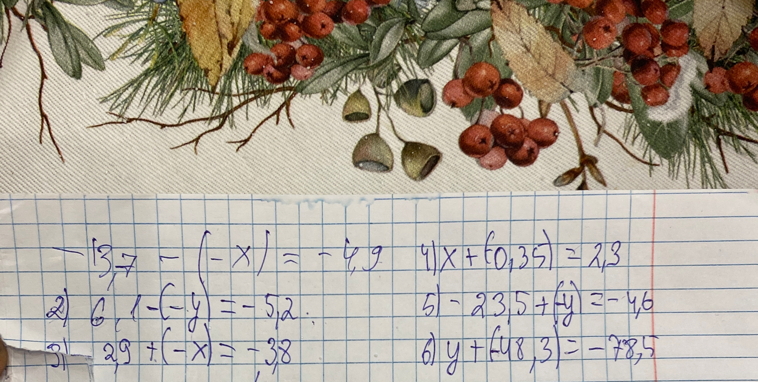 Решите уравнения: 1) -13,7 - (-x) = -4,9; 2) 6,1 - (-y) = -5,2; 3) 2,9 + (-x) = -3,8; 4) |x| + (-0,35) = 2,3; 5) -23,5 + (-y) = -4,6; 6) y + (-48,3) = -78,5